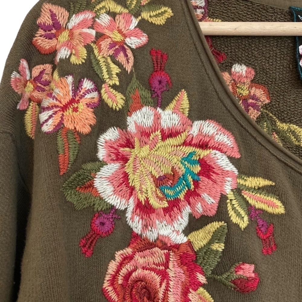JOHNNY WAS Malui Floral Embroidered French Terry Sweatshirt Tunic Dress Brown - Picture 5 of 10
